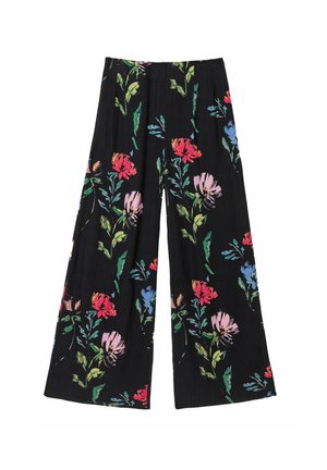 Floral wide-leg pants in black fabric. The design features colorful flowers in pink, red, and blue, with green leaves and a textured finish.