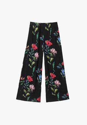 Platas ziedu bikses ar plašām kājām melnā audumā. Dizainā ir krāsainas ziedu raksts rozā, sarkanā un zilā krāsā ar zaļām lapām un fakturētu apdari.