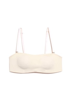 Crème strapless beha met gladde, gevoerde cups en dunne, verstelbare bandjes. Heeft een schoon, minimalistisch ontwerp en een zachte textuur.
