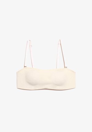 Crème strapless beha met gladde, gevoerde cups en dunne, verstelbare bandjes. Heeft een schoon, minimalistisch ontwerp en een zachte textuur.