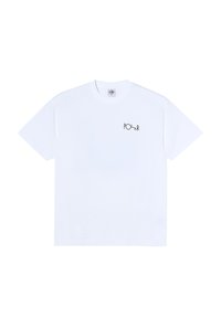 Biały bawełniany t-shirt z krótkimi rękawami, okrągłym dekoltem i małym czarnym logo z napisem "POLAR" na lewej stronie klatki piersiowej.