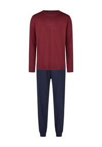 Rotes Langarmshirt mit marineblauer Hose. Beide Teile sind aus weichem Stoff gefertigt. Das Shirt zeigt eine dezente Textgrafik. Die Hose hat elastische Bündchen.