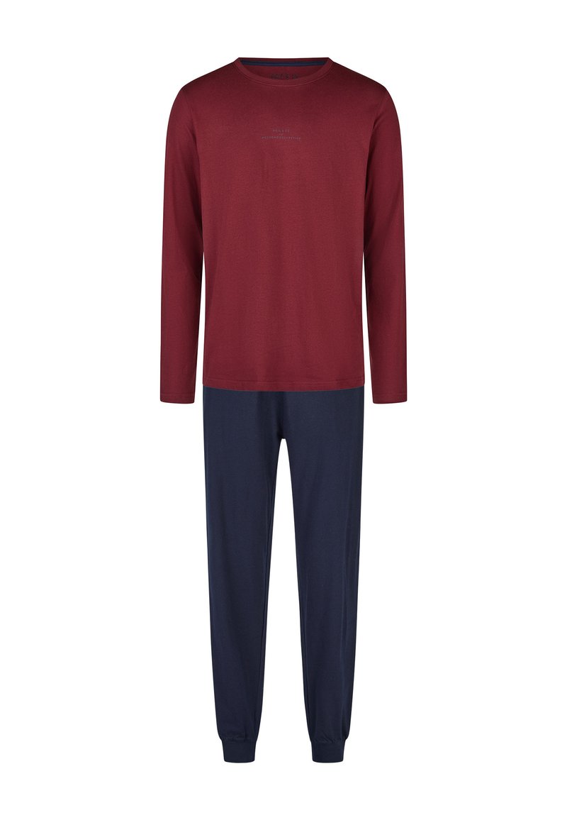 Rotes Langarmshirt mit marineblauer Hose. Beide Teile sind aus weichem Stoff gefertigt. Das Shirt zeigt eine dezente Textgrafik. Die Hose hat elastische Bündchen.