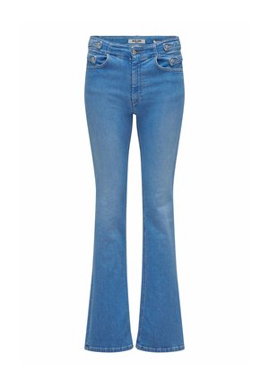 Blaue High-Waist-Denim-Jeans mit Knopf- und Reißverschluss, vorderen Klappentaschen mit Knöpfen und leicht ausgestelltem Bund.