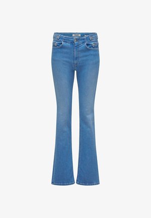 Blaue High-Waist-Denim-Jeans mit Knopf- und Reißverschluss, vorderen Klappentaschen mit Knöpfen und leicht ausgestelltem Bund.