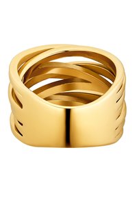 Goldring mit verflochtenem Design, glatten, gewölbten Oberflächen und Ausschnitten. Robuste, glänzende Oberfläche, moderne Form.