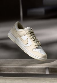 Bež i krem Nike Dunk tenisice s glatkom kožom, perforiranim prednjim dijelom i ravnim vezicama. Sadrži logotip ikonu i gumeni potplat.