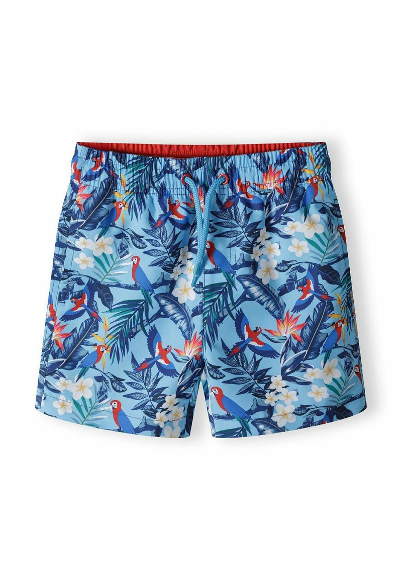 Costume de baie cu o bază de culoare albastră deschisă, cu modele colorate de flori tropicale și papagali, talie elastică și șnur reglabil.