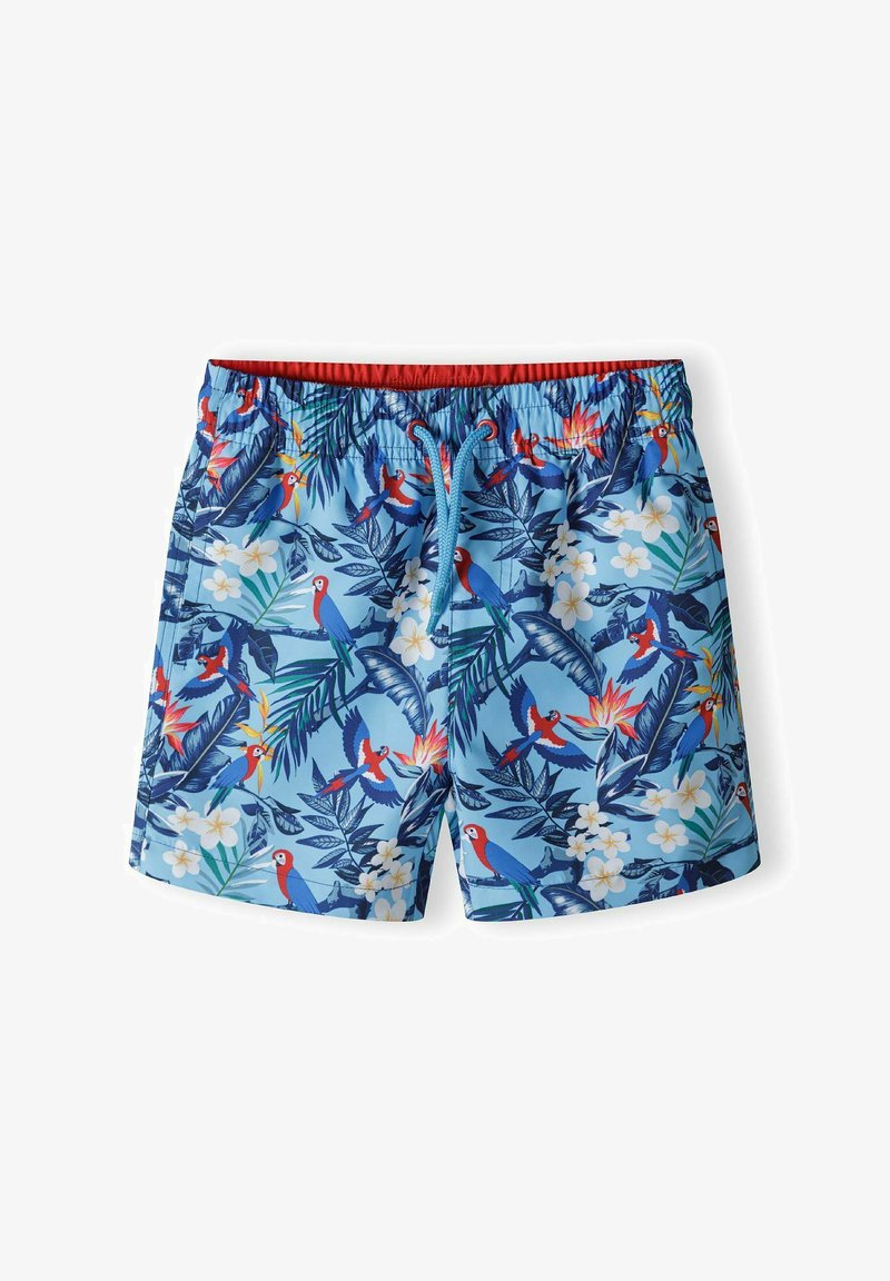 Plaukimo šortai su šviesiai mėlynu pagrindu, puošti spalvingais tropiniais gėlių ir papūgų raštais, elastinga juostos apačia ir reguliuojama raišteliu.