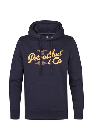 Marineblaue Kapuzenjacke aus weichem Stoff, mit einer Kängurutasche, Zugbändern und einem goldenen Logo auf der Vorderseite.