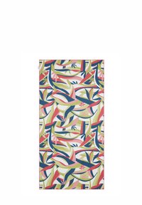 Meerkleurige stof met een abstract ontwerp met groene, roze, blauwe en witte bladeren en krommingen. Gladde textuur, rechthoekige vorm.