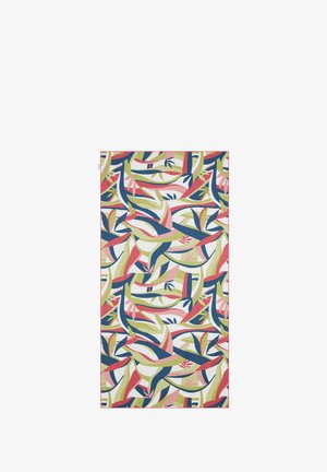 Meerkleurige stof met een abstract ontwerp met groene, roze, blauwe en witte bladeren en krommingen. Gladde textuur, rechthoekige vorm.