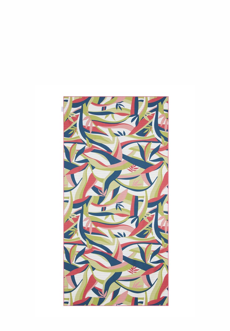 Meerkleurige stof met een abstract ontwerp met groene, roze, blauwe en witte bladeren en krommingen. Gladde textuur, rechthoekige vorm.