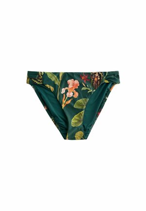 Zelené bikiny s květinovým vzorem vyrobené z hladkého materiálu; mají navršený boční design a živé botanické ilustrace.