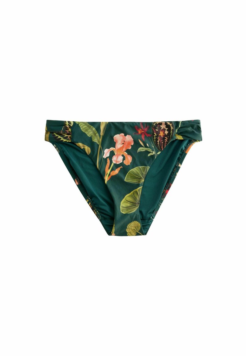 Zelena bikini spodnji del s cvetličnim vzorcem, narejen iz gladkega materiala; ima nabran dizajn na straneh in živahne botanične ilustracije.