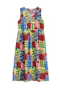 Šaty bez rukávov s patchwork vzorom, kombinujúcim kvetinové a geometrické motívy v živých farbách: červená, modrá, zelená, žltá a fialová.
