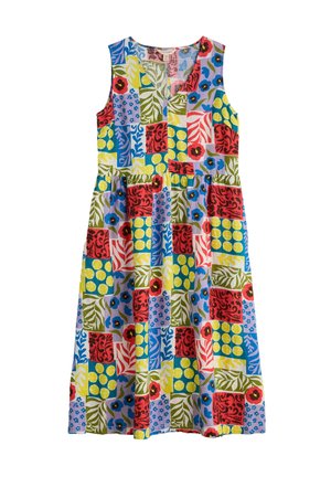 Haljina bez rukava s patchwork uzorkom cvjetnih i geometrijskih motiva u živopisnim bojama: crvenoj, plavoj, zelenoj, žutoj i ljubičastoj.