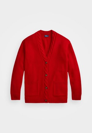 Bright red knitted cardigan with cable-knit trim, button closure, two front pockets, and ribbed cuffs and hem.