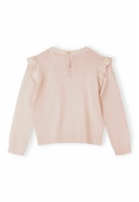 Maglione rosa lavorato a maglia con dettagli arricciati sulle spalle, maniche lunghe e scollo rotondo con chiusura a bottone sul retro.