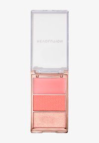 Paleta de maquillaje de tres colores con un estuche de plástico transparente. Presenta un tono rosa claro mate, un tono coral mate y un tono melocotón con brillo.