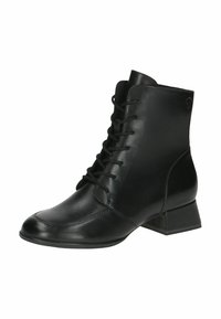 Botas de piel negras hasta el tobillo con punta redonda, cordones en la parte delantera y un tacón bajo cuadrado, con textura suave y sutiles detalles de costura.