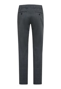 Pantaloni grigio scuro con un sottile motivo a scacchi, dotati di frontale piatto, cintura elastica e due tasche posteriori con chiusura a bottone.