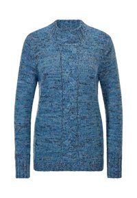 Maglione lavorato a maglia in diverse tonalità di blu, con motivo a treccia al centro, maniche lunghe e colletto e polsi a coste.