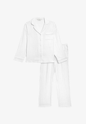 Biała piżama z teksturowanej bawełny. Zawiera koszulę z długim rękawem z kołnierzykiem i kieszonką oraz pasujące spodnie na elastycznej talii.