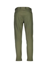Pantaloni su misura verde oliva, con una texture liscia, dotati di una vita standard e due tasche posteriori. Sgambati alla caviglia.