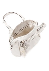 Borsa a tracolla in pelle bianca con un design strutturato, chiusura con zip superiore, tasche interne e un pon-pon decorativo. Dettagli cuciti lungo i bordi.