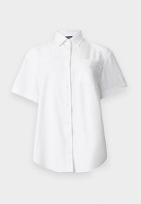 Chemise blanche à manches courtes avec boutons, col et poche poitrine sur fond uni.