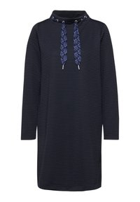 Vestito a righe navy con colletto alto, maniche lunghe e dettagli decorativi in corda intrecciata con accenti metallici. Tessuto morbido e texturizzato.