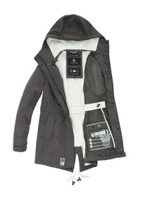 Gray waterproof jacket with a fleece-lined interior, adjustable hood, elastic cuffs, and multiple pockets. Features hanging tags inside.