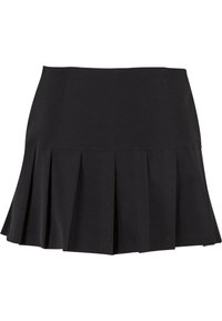 Svart plisserad kjol gjord av mjukt material, med en åtsittande midja och en utsvängd botten med jämnt fördelade plisseringar för rörelse.