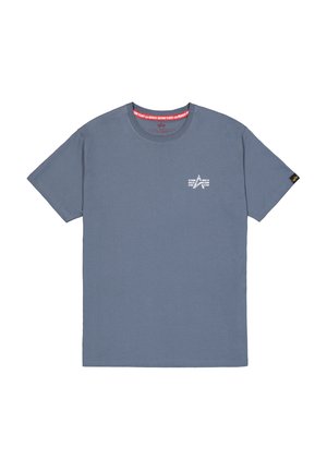 Blue cotton t-shirt with short sleeves, round neckline, and a small white logo on the chest. Smooth texture and standard fit.