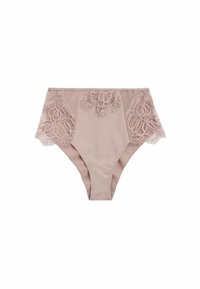 Hochgeschnittene beige Unterwäsche mit floralen Spitzenakzenten an den Seiten und glattem Stoff, ausgestattet mit einem nahtlosen Design und filigranen Mustern.