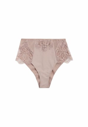 Hoge taille beige ondergoed met florale kanten accenten aan de zijkanten en een gladde stof, met een naadloos ontwerp en ingewikkelde patronen.