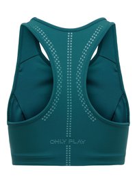 Αθλητικό σουτιέν teal με racerback, επενδυμένα πλαϊνά και αντανακλαστικές κάθετες ριγέδες με κουκίδες στο πίσω μέρος, με το λογότυπο "ONLY PLAY".