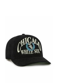 Black corduroy cap featuring "CHICAGO WHITE SOX" in embroidered white text and a green-accented visor; adorned with a blue laurel graphic.
