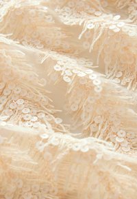 Tissu beige avec de délicates paillettes blanches disposées en motif de frange. Texture transparente avec des embellissements circulaires dispersés.