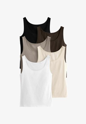 Viis tanktipüksi erinevates värvides: must, tumepruun, taupe, beež ja valge. Igal neist on ümmargune kaelus ja pehme tekstuur.