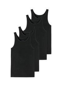 Zwarte katoenen tanktops in een verpakking van vier, met een mouwloos ontwerp, ronde hals en een gladde, zachte textuur.