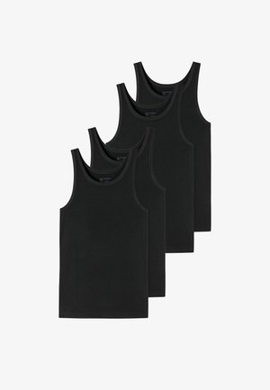 Camisetas de algodón negras en un paquete de cuatro, con un diseño sin mangas, escote redondo y una textura suave y lisa.