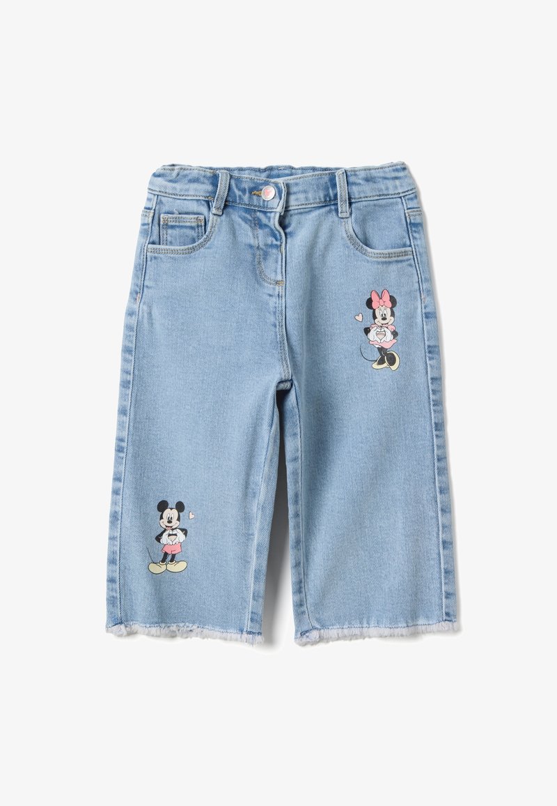Hellblaue Jeansshorts mit Stickereien von Mickey Mouse und Minnie Mouse, ausgefranster Saum und zwei Vordertaschen.