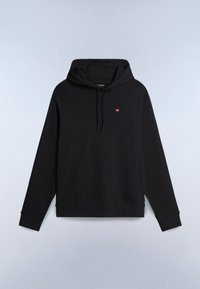 Zwarte hoodie met koordjes en klein rood-wit-blauw vlaglogo op de linkerborst, getoond op een lichtgrijze achtergrond.