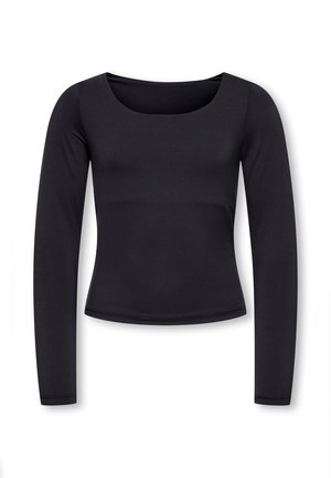 Top nero aderente a maniche lunghe con ampio scollo rotondo e lunghezza leggermente corta su sfondo bianco.