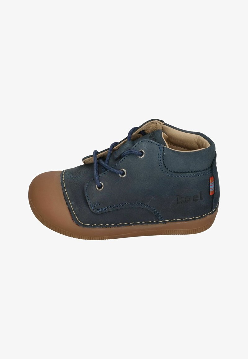 Navy blue leather ankle boots with brown rubber toe cap and sole, rounded shape, lace-up design, and contrasting stitching detail.