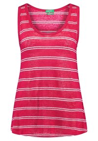 Röd linne med vita horisontella ränder, rund halsringning och lös passform. Tillverkat av lätt material med mjuk textur.