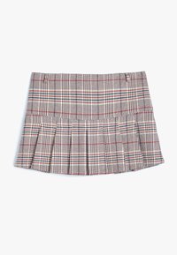 Geruite geplooide rok met een bruin en beige patroon, voorzien van rode en blauwe accenten, vervaardigd uit een gestructureerde stof.