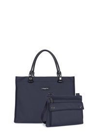 Borsa tote in nylon blu con manici in pelle nera e accessori metallici; include una piccola pochette coordinata con chiusura a zip e tracolla regolabile.